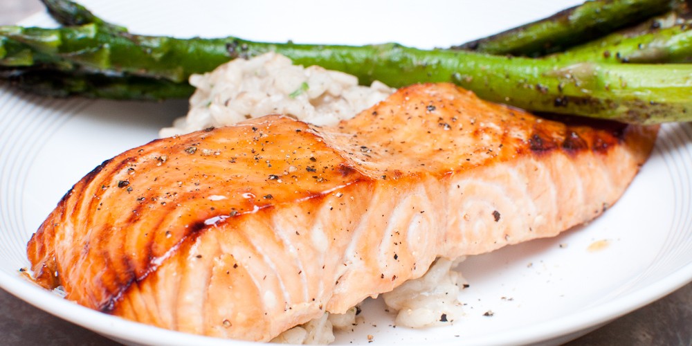 Honey Ginger Salmon with Asparagus and Mushroom Risotto
