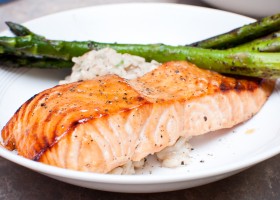 Honey Ginger Salmon with Asparagus and Mushroom Risotto