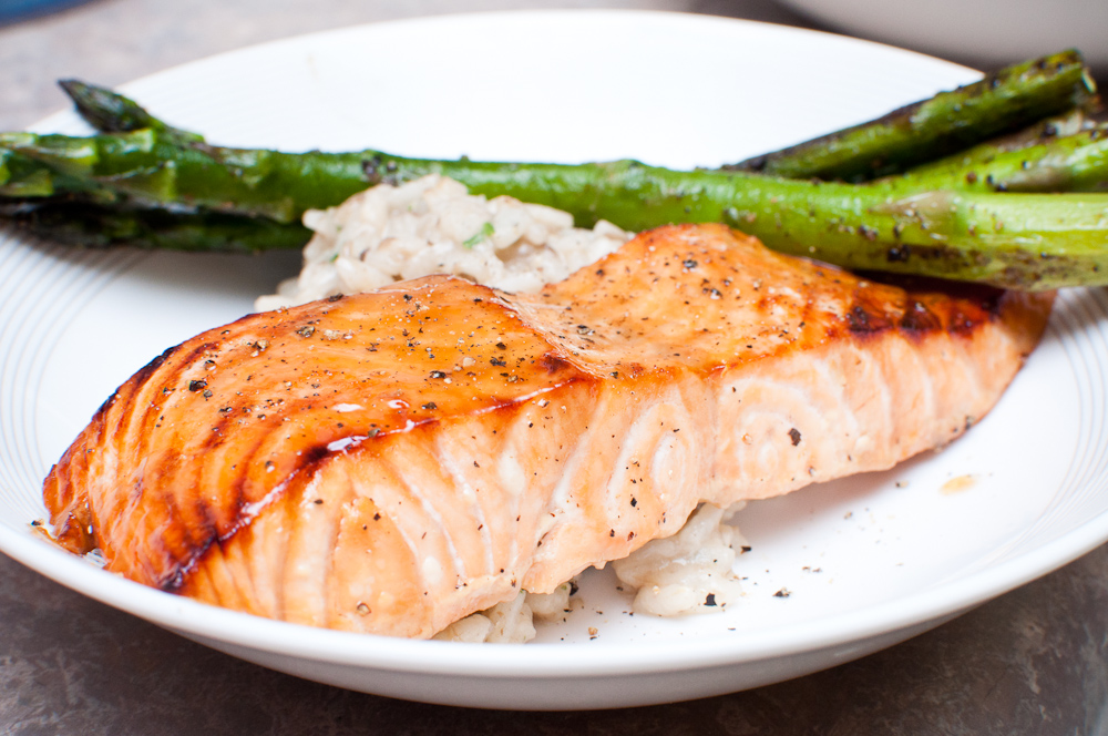 Honey Ginger Salmon with Asparagus and Mushroom Risotto