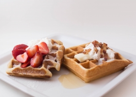 Strawberry Cream & Bourbon Bacon Waffles