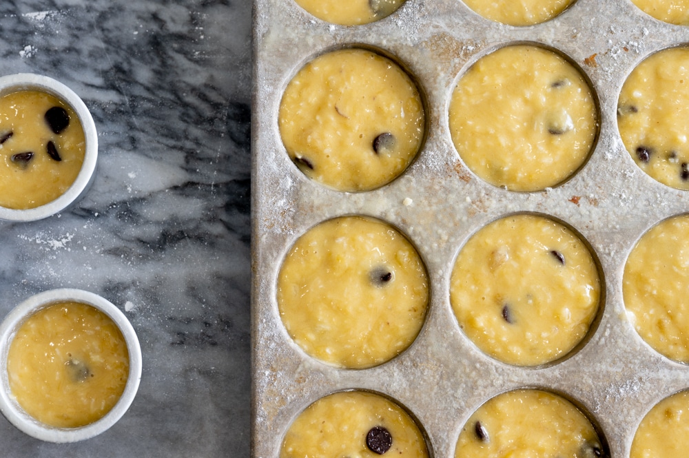 Banana bread mix in cupcake tins