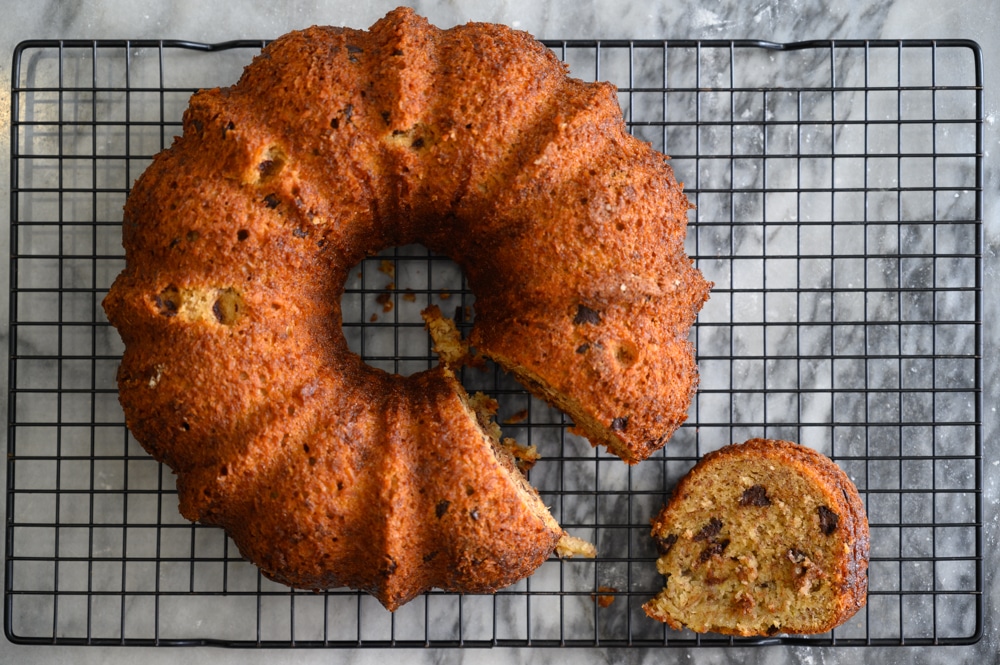 Slice of banana bread bundt cake