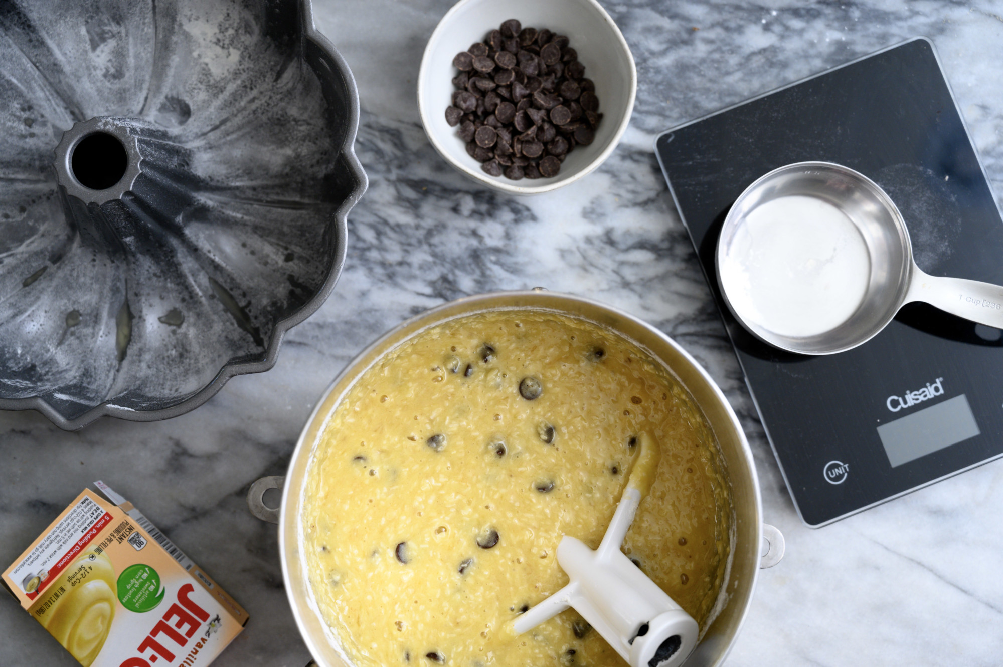 Banana bread ingredients in a mixing bowl